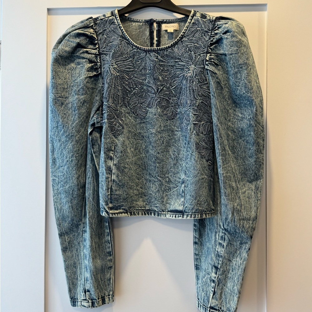 Anthropologie Pilcro Blue Puff Sleeve Ruffled Blouse